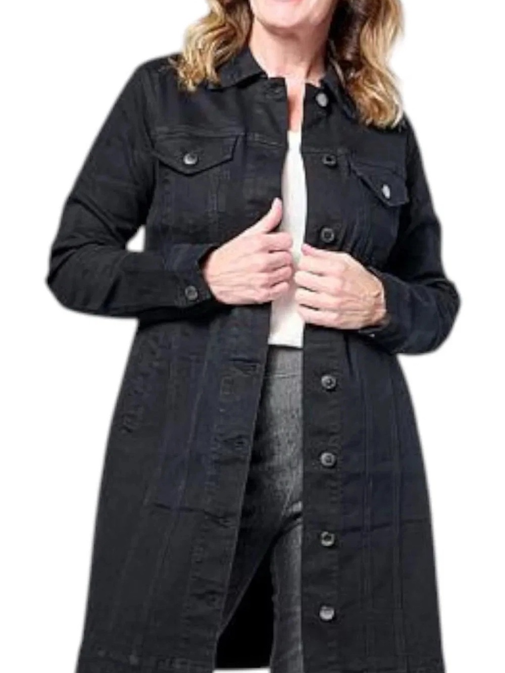 NWT DG2 by Diane Gilman Black Long Denim Coat-Jacket Size PS